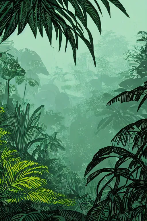 Prompt: a hot and humid linocut print of a lush jungle, 8 k, frostbite 3 engine, cryengine, dof, trending on artstation, digital art, crepuscular ray, by grabado mexico