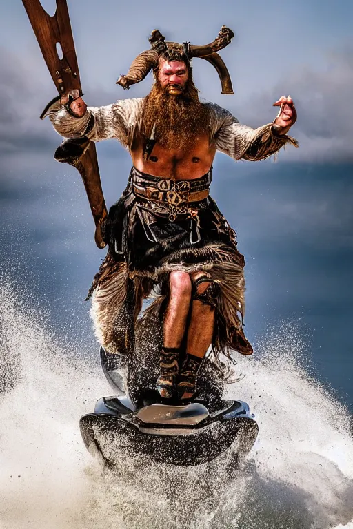 Image similar to old vintage full body photo of ancient viking warrior with full beard on the complex complex steam punk jet ski with antigravity engine during big viking event, extreme sports photography ,super high speed photography, dynamic photography,symmetrical face, clean face, muscular body, high speed,dirt and grawel in air, lens flares, dust partiles in the air, dramatic lighting, intricate, highly detailed, centered, smooth, sharp focus, sports photography, old photo, black and white, sepia, cinematic lighting, cinematic angle, national geographic