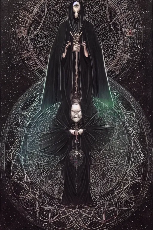 Image similar to Be Occult, a worshipper of the dark arts here for the madness, donned in an ebony cloak, fantasy, intricate, elegant, highly detailed, digital painting, artstation, ristan Eaton, victo ngai, artgerm, RHADS, ross draws