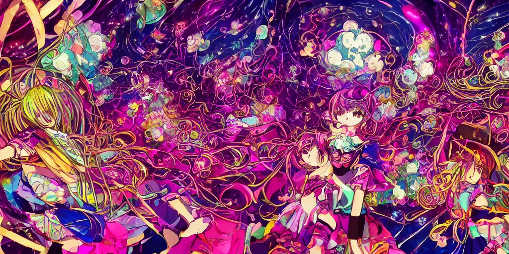 prompthunt: Dreamy psychedelic anime, extremely colorful, geometric, Madoka  witch labyrinth, patchwork, photoshop, HDR, 4k, 8k