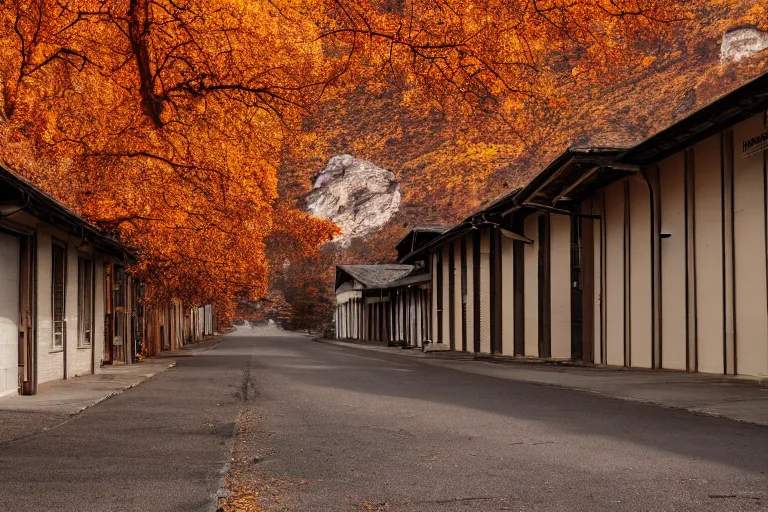 Image similar to warehouses lining a street, with an autumn mountain directly behind, lens compressed, photography