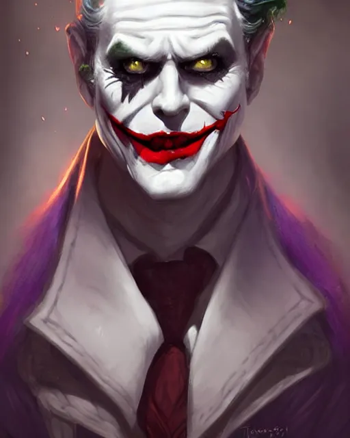 Image similar to Joker, pretty, beautiful, DnD character art portrait, matte fantasy painting, DeviantArt Artstation, by Jason Felix by Steve Argyle by Tyler Jacobson by Peter Mohrbacher by Q Hayashida by Vivziepop, cinematic lighting