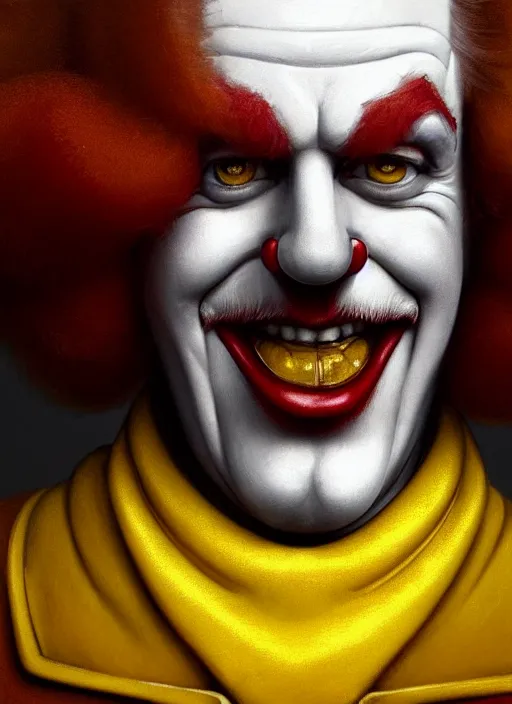 Prompt: close up portrait of ronald mcdonald, yellow jumper with white collar, sinister by artgerm, cushart krenz, greg rutkowski, mucha. art nouveau. gloomhaven, golden arches logo, pale colors, sharp edges. ultra clear detailed. 8 k. elegant, intricate, octane render