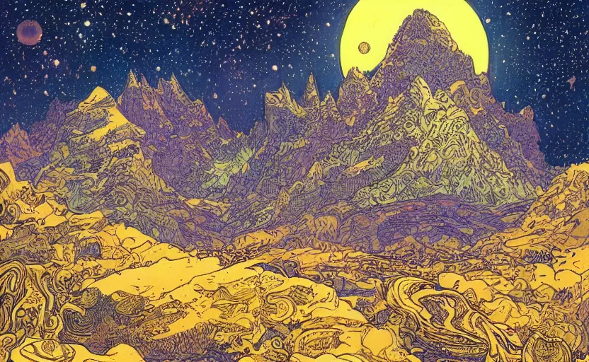 Prompt: mountains, stars and paisley filled sky, artstation, intricate, highly detailed, digital painting, concept art, sharp focus, illustration by Jean Claude Mézières and Ivan Bilibin