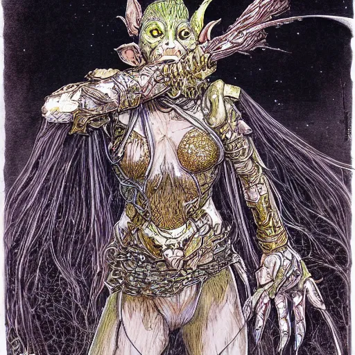 Prompt: portrait of ethereal young goblin princess in golden armour by Ian Miller