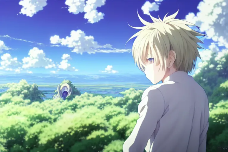 Image similar to a vast scene, panorama distant view, anime art full body portrait character concept art, hyper detailed scene render of a boy and a white lion, anime key visual of violet evergarden, finely detailed perfect face delicate features directed gaze, in the white clouds fairyland, trending on pixiv fanbox, violet evergarden, studio ghibli, james jean, extremely high quality artwork