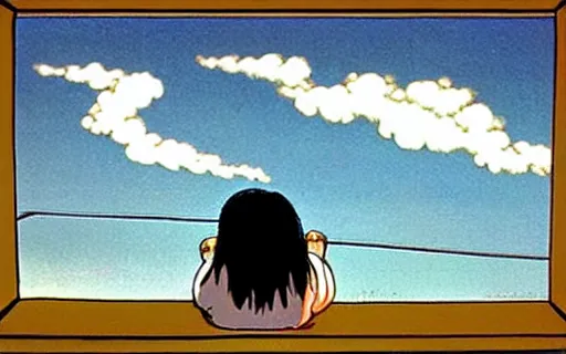 Prompt: a girl sitting on the roof of a building watching a mushroom cloud in the distance, art by hayao miyazaki, studio ghibli film,