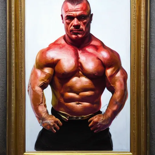 Prompt: Portrait of Mariusz Pudzianowski in the style of Disco Elysium, painting by Jenny Saville and Pavlo Guba, strong red hue