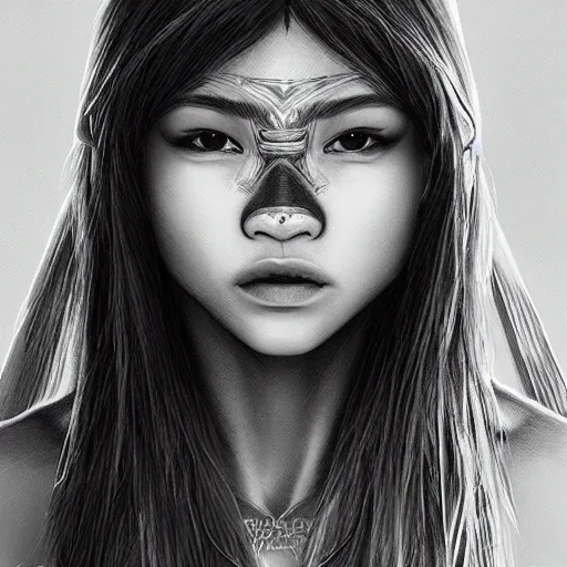 Image similar to “Zendaya, Mononoke-hime, fantasy, photorealistic, concept Art, ultra detailed portrait, 4k resolution”