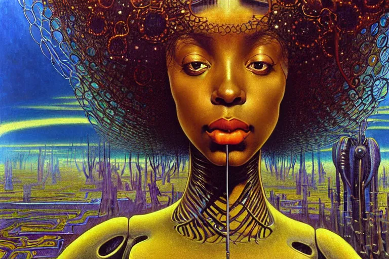 Prompt: realistic extremely detailed closeup portrait painting of a beautiful black woman in a dress with supercomputer robot, dystopian city on background by Jean Delville, Amano, Yves Tanguy, Ilya Repin, Alphonse Mucha, Ernst Haeckel, Edward Hopper, Edward Robert Hughes, Roger Dean, heavy metal, rich moody colours