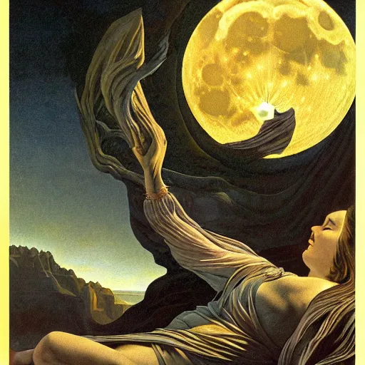 Prompt: sleep of wise old beautiful woman face Desert Spirit, under unresolved evil moon illusion, in the style of Frank Frazetta, Jeff Easley, Caravaggio, extremely clear and coherent, clear lines, 8K resolution, epic masterpiece, detailed, intricate