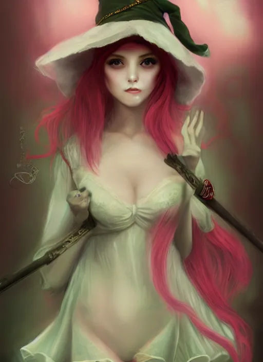 Prompt: daguerreotype of a beautiful witch wearing a pink babydoll, face details, pointy hat, white skin, red hair, green eyes, high fantasy, dnd, extremely detailed, smooth, sharp focus, by rossdraws, zeronis, artgerm, collectable card art
