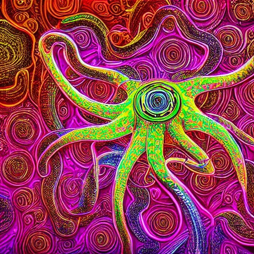 Image similar to highly detailed generative art, symmetrical neon octopus, string art by janusz jurek, background outer space nebulas by Pilar Gogar 4k HDR