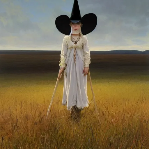 Prompt: a detailed illustration of a cow standing in a grassy field wearing a witch hat, cow wearing hat!!! viewed in profile and far away, fog in the background, ultrawide lens, aerial photography, black and blue color scheme with gold highlights, art by greg rutkowski and alphonse mucha, artstation, 8 k