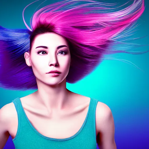 Image similar to a award winning half body portrait of a beautiful woman in a croptop with a ombre purple pink teal hairstyle with head in motion and hair flying, outrun, vaporware, vivid colors, highly detailed, fine detail, intricate