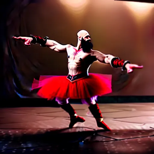 Image similar to kratos dancing ballet, wearing a tutu, ultra realistic, intricate details, highly detailed, photorealistic, octane render, 8 k, unreal engine.