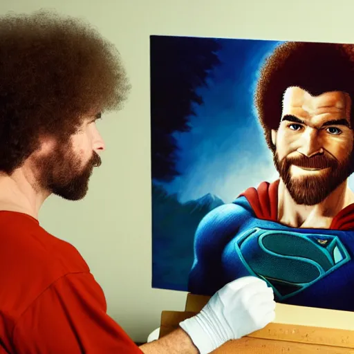 Image similar to a closeup photorealistic photograph of bob ross working on a canvas painting of superman. film still. brightly lit scene. mountains and trees. this 4 k hd image is trending on artstation, featured on behance, well - rendered, extra crisp, features intricate detail, epic composition and the style of unreal engine.