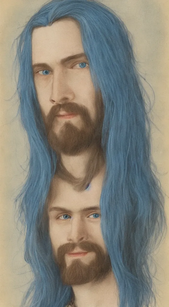 Prompt: a man with long blue hair and a goatee : : human face, blue eyes, pale skin, smiling slightly, looking towards camera : : portrait : : photorealistic