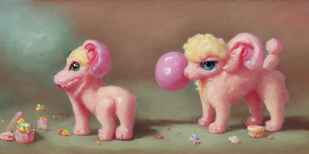 Image similar to bubble gum ice cream made in the shape of 3 d littlest pet shop poodle, realistic, melting, soft painting, forest, desserts, ice cream, master painter and art style of noel coypel, art of emile eisman - semenowsky, art of edouard bisson