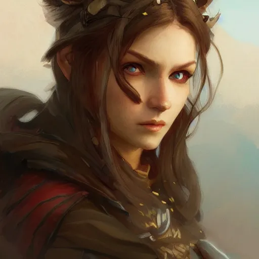 Image similar to adventurer, painted fantasy character portrait, headshot, D&D, highly detailed, digital painting, artstation, concept art, sharp focus, illustration, art by artgerm and greg rutkowski and alphonse mucha