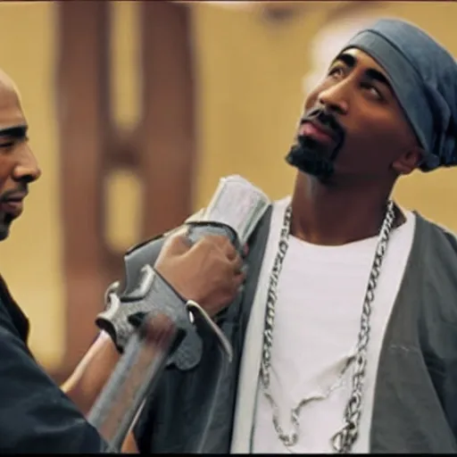 Prompt: tupac having an epic swordfight with obama, cinematography, action movie