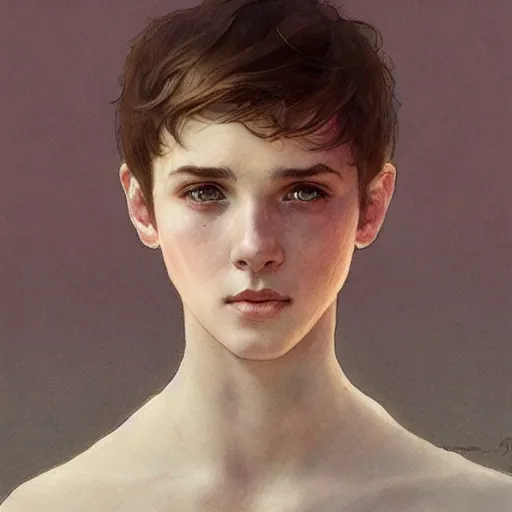 Image similar to young boy, short pink hair, light eyes, gorgeous, amazing, delicate, elegant, intricate, highly detailed, watercolor, portrait, artstation, concept art, sharp focus, illustration, art by artherm and greg rutkowski and alphonse mucha