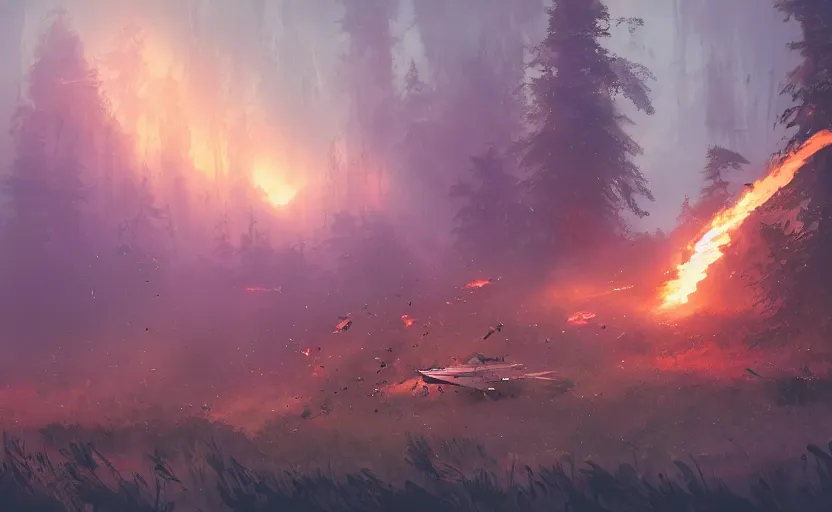 Image similar to one single fighter design spaceship on fire crashed on the ground, on the ground, smoke, smoke, cloudy air, forest, swamp, debris. Atmospheric lighting, overgrowth. By Makoto Shinkai, Stanley Artgerm Lau, WLOP, Rossdraws, James Jean, Andrei Riabovitchev, Marc Simonetti, krenz cushart, Sakimichan, trending on ArtStation, digital art.