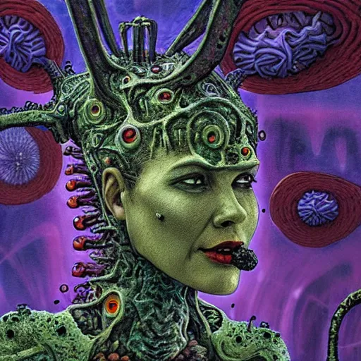 Prompt: highly evolved biomechanical phyrexian dreadnought pregnant borg queen hybrid dotted with lichens and fungal growth being possessed by the machine spirit, artists tram pararam and doctor seuss with beryl cook and jack kirby, high contrast cinematic light, mystical shadows, sharp focus, octane render