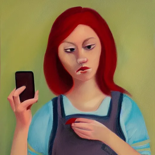 Prompt: red head woman, on her iPhone, trying to figure out how to use discord. Oil painting.