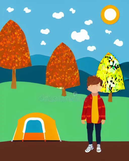 Image similar to autumn hillside boy with camping bag illustration light color