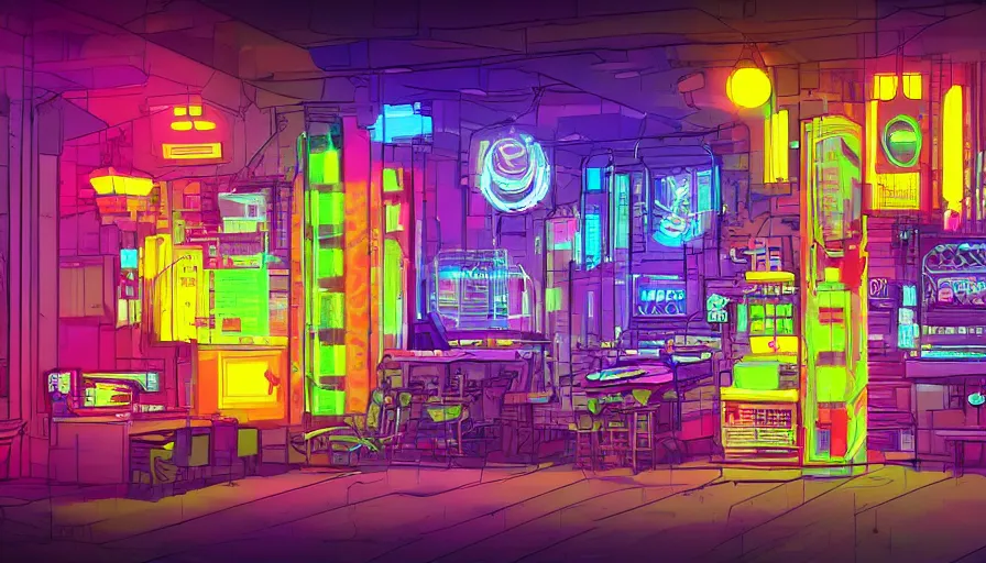 Prompt: concept art for a cyberpunk beehive, interior design, bright colors, neon signs