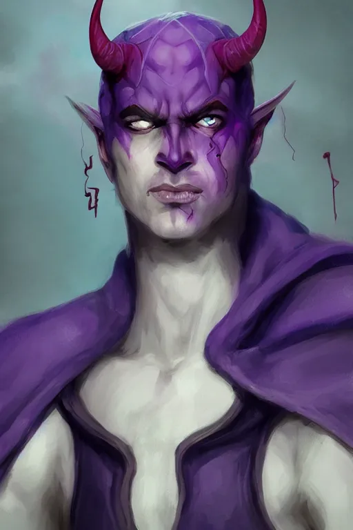 Image similar to djinn man male demon, portrait, full body character, concept art, purple cloak, single face, illustration, white horns, single face, cinematic color grading, editorial photo, fashion, hyperrealism, trending on artstation, Charlie Bowater, WLOP