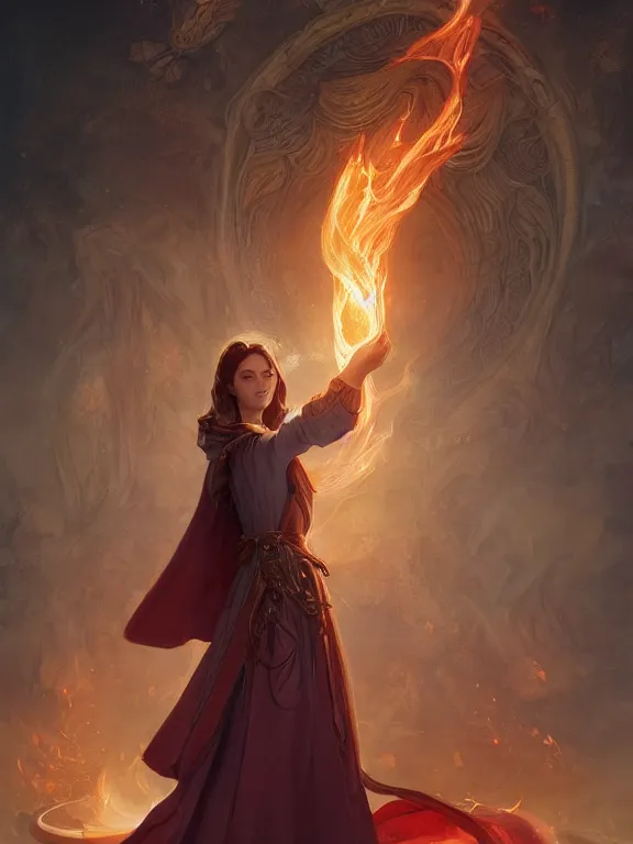 Image similar to young summoner with a fire elemental, fantasy, female, thick robes, intricate, elegant, highly detailed, digital painting, artstation, concept art, wallpaper, smooth, sharp focus, illustration, art by artgerm and greg rutkowski and alphonse mucha