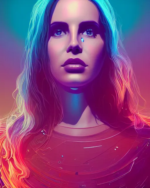 Image similar to portrait of Lana Del Rey as a cyborg. intricate abstract. intricate artwork. by Tooth Wu, wlop, beeple, dan mumford. dune by david lynch, octane render, trending on artstation, greg rutkowski very coherent symmetrical artwork. cinematic, hyper realism, high detail, octane render, 8k, iridescent accents