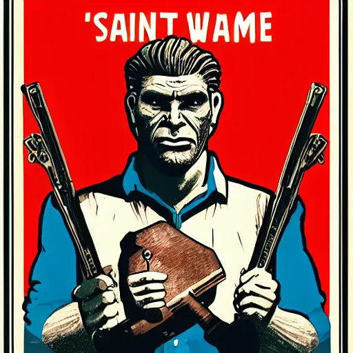 Image similar to saint homo neanderthalis, portrait, propaganda poster, with book of science on his right hand, and riffle, pop art, gta chinatown wars art style, bioshock infinite art style, hyperrealistic, two colors, white frame border, 4 k, uhd, remove duplicate content, align left content.