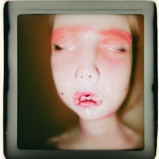 Prompt: a porcelain portrait of a girl face melt down like an ice cream, realistic detailed photography polaroid