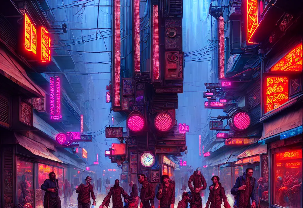 Prompt: a highly detailed bazaar street in the cyberpunk megacity of new washington, amazing cyberpunk digital painting, by gerald brom, brom digital art, intricate details, ultra realistic, beautiful art, volumetric lighting, ultra realistic, by art germ, by brom, trending cgsociety, artstation, rim lighting, cool neon lights, crowded, 8 k