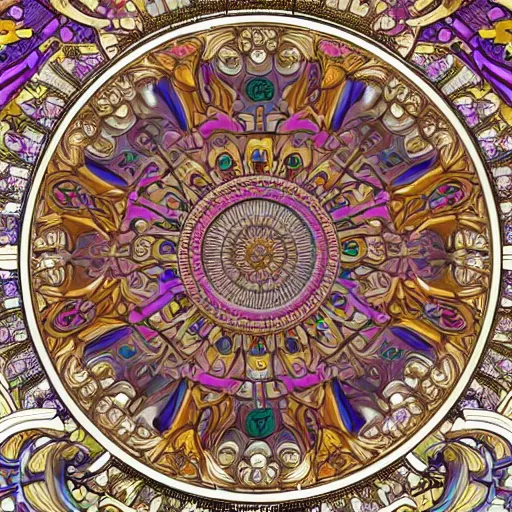 Image similar to huge 3 d plasterwork mural colourful detailed ornamental abstract art nouveau large circle, detailed nature textures, full sized centered circle, art by alphonse mucha and walter crane and louis sullivan and william morris, 8 k octane render