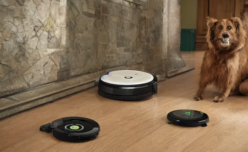 Prompt: A roomba sets of on an epic fantasy quest