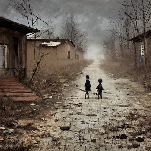 Image similar to painting by jakub rozalski of a child walking with a wheelbarrow in an abandoned post soviet town infested with root monsters