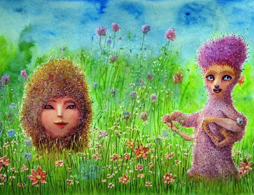Image similar to feral chia pet in the meadow. russian fairytale art, watercolor, dynamic composition, backlighting