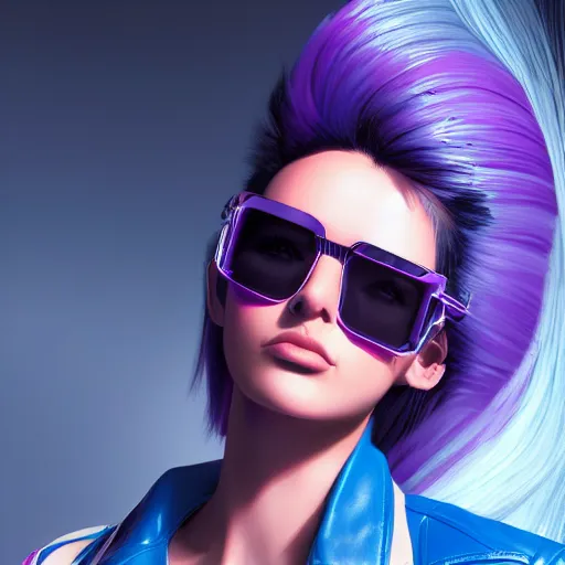Image similar to closeup painting of a very beautiful young mexican cyberpunk woman with a smirk, wearing light blue shades and a purple leather jacket collar, one side haircut, long brown hair with light blue ends, portrait, hyperdetailed, artstation, cgsociety, 8 k, synthwave by tangerine dream