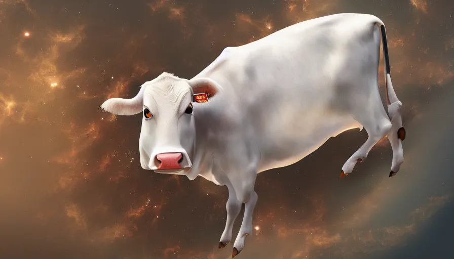 Image similar to Cow floating in space, hyperdetailed, artstation, cgsociety, 8k