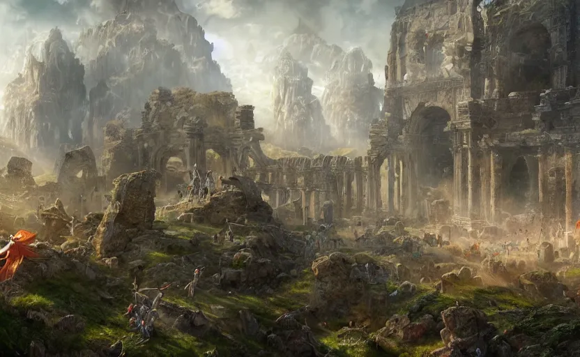 Image similar to The epic battle of elves and angels on the ancient ruins, elegant, volumetric lighting, digital painting, highly detailed, artstation, sharp focus, illustration, concept art, ruan jia, steve mccurry