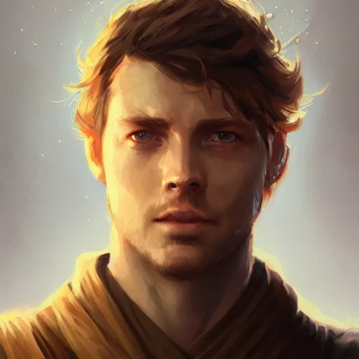 Image similar to portrait of a man by greg rutkowski, jedi knight owen skywalker, messy copper hair, jedi robes, star wars expanded universe, he is about 2 0 years old, wearing jedi robes, highly detailed portrait, digital painting, artstation, concept art, smooth, sharp foccus ilustration, artstation hq