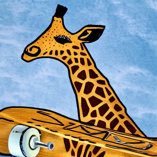 Image similar to a giraffe on a skateboard, high detail