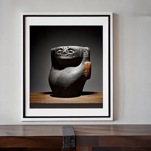 Image similar to a lithography photographic print of an exotic object on display in a room | hybrid meaning | anthropology of thoughts | precolombian modernism | high quality