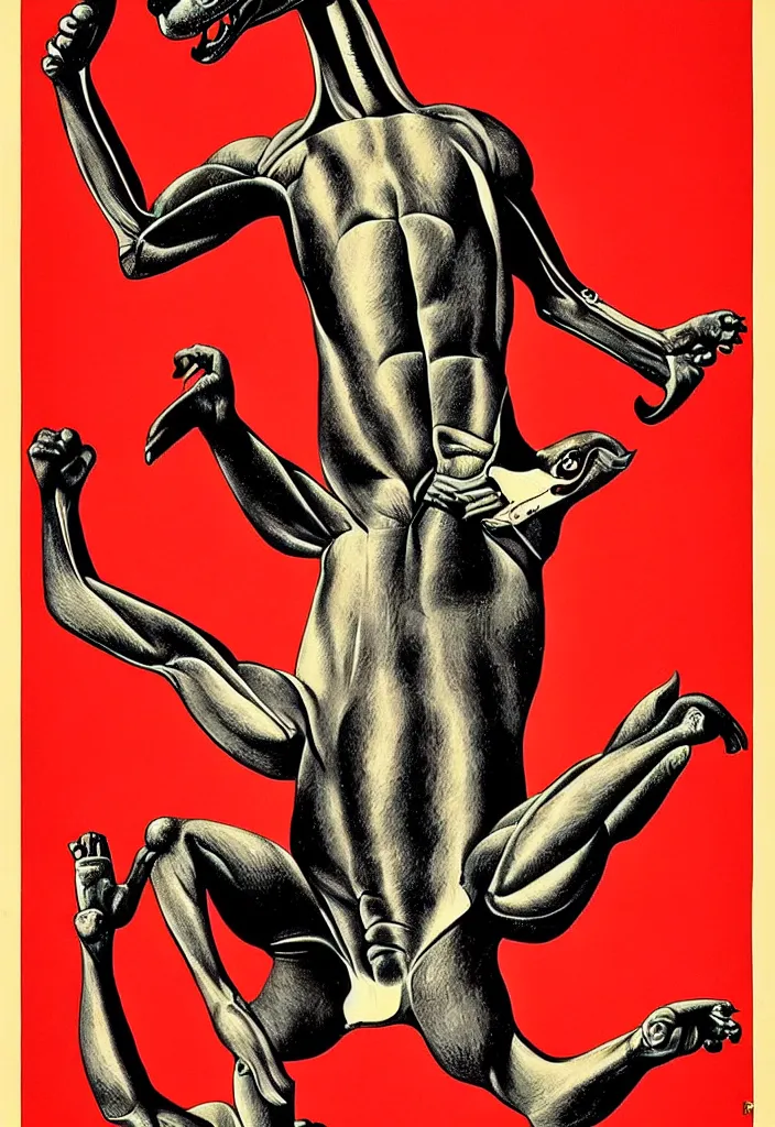 Image similar to kangaroo boxer, anatomically correct, style of soviet poster