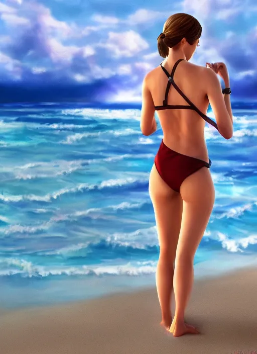 Image similar to ultrarealistic photo of emma watson swimsuit beach warrior, full body, cinematic, artstation