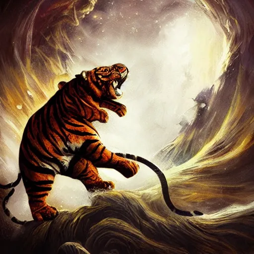 Prompt: A Wizard battling a Tiger, Photo Credit: National Geographic, by MotG digital painting by R.J. Palmer; by Anato Finnstark